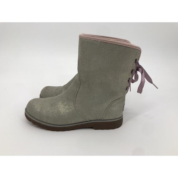 UGG Girls Corene Silver Metallic Suede Pink Lace Up Boots Size 6
